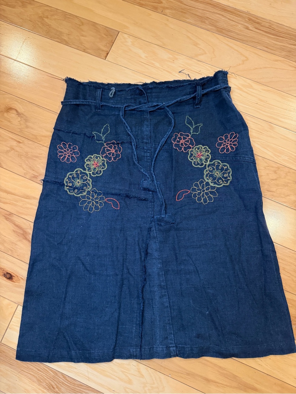 Embroidered Navy A-Line Midi Skirt with Drawstring Waist